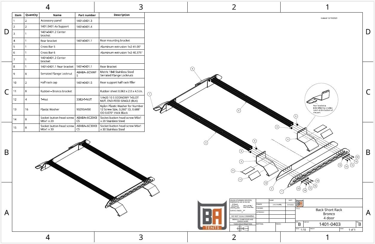 BADASS TENTS 2021-24 Ford Bronco 4 Door Rear only Short Roof Rack for Hardtop – NEW 2.0 ALUMINUM